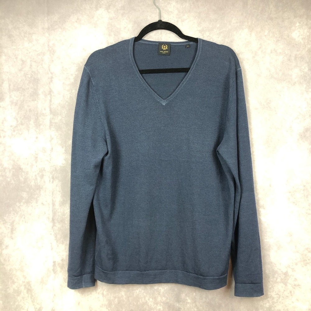 Paul Rosen Sweater‎ Mens Medium Blue 100% Wool V-Neck Pullover Long Sleeves
